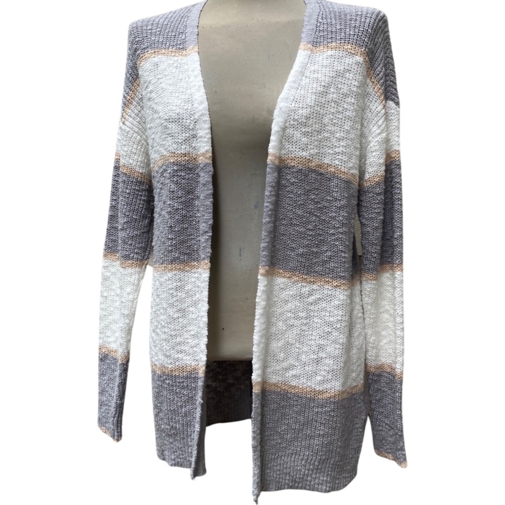 NWT Nine West White Tan Gray Striped Open Front Knit Cardigan Sweater
